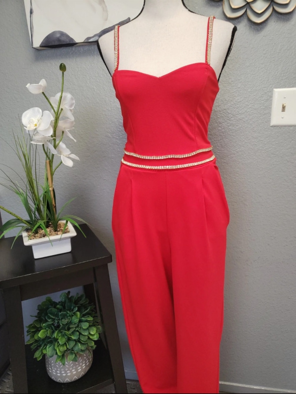 Express Red Rhinestone-Trim Jumpsuit